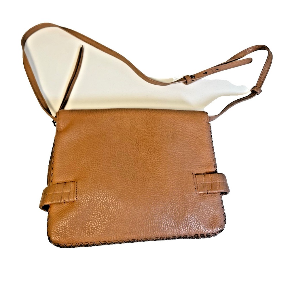 All Saints pebbled Leather Brown crossbody bag purse woven trim Foldover Boho